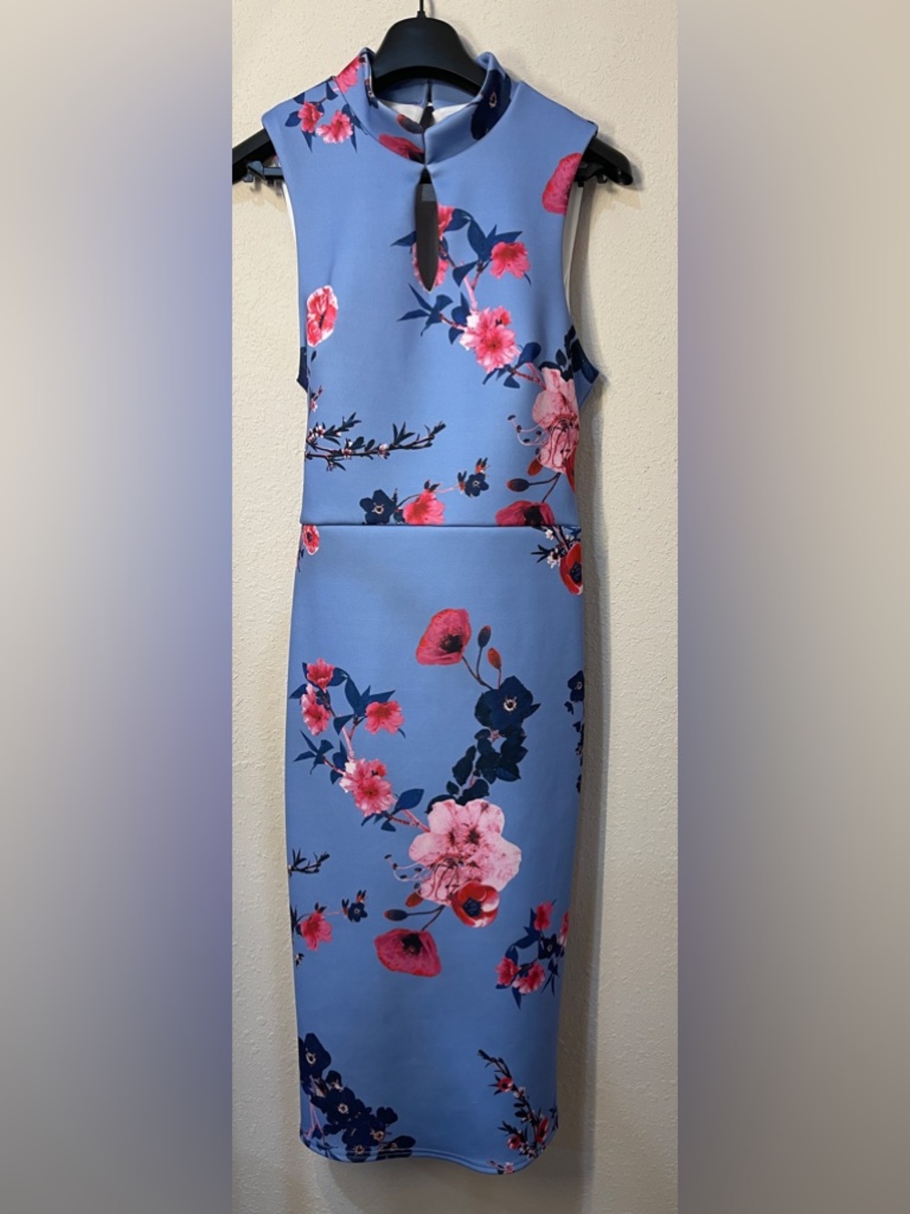ASOS True Violet High Neck Pencil Dress Mandarin Collar Bow Back UK 16 US 12